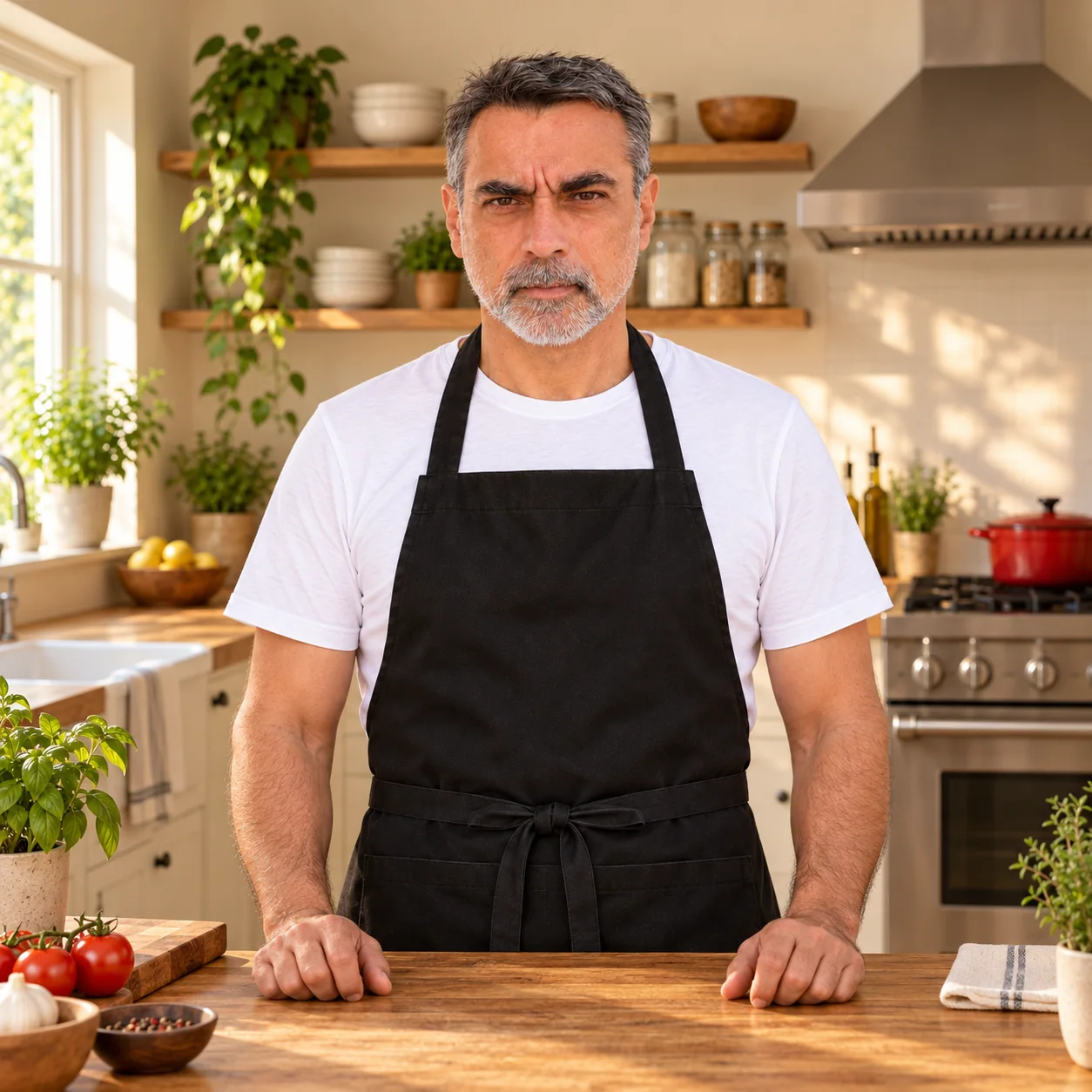 Mr. Xavier, de avental preto em sua cozinha