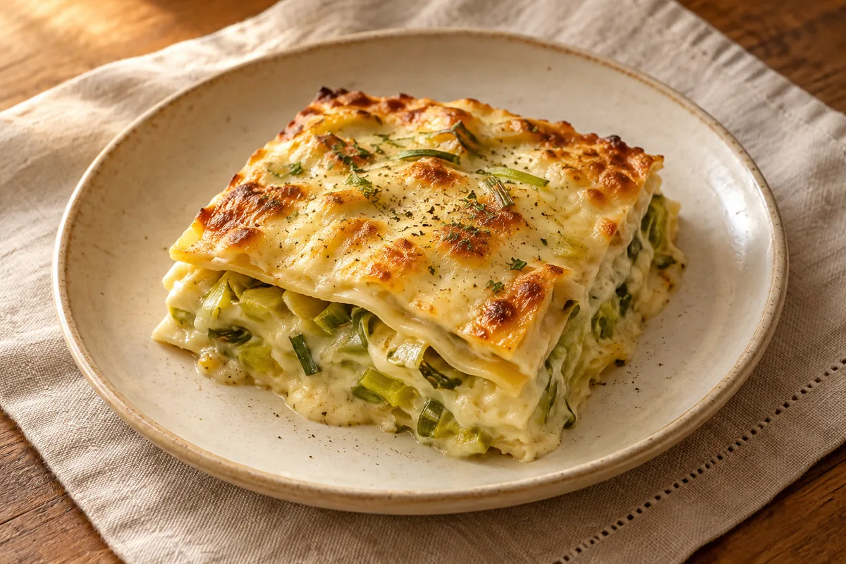 Lasanha de alho poró no molho bechamel e queijo